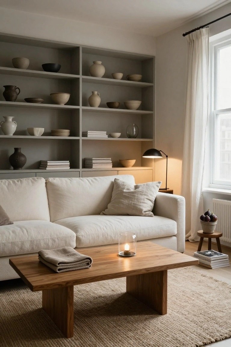 Cream linen sofa on seagrass rug in a neutral living room with gray open shelves displaying ceramic pots and vases, low oak coffee table holding linen throws and glass candle holder, desk lamp, and plants by window.