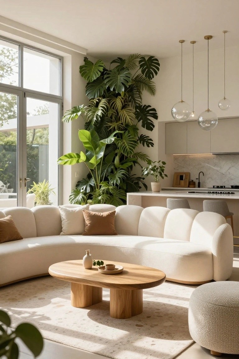 Modern living room interior with a large curved white sofa, oval wooden coffee table, potted monstera plants against a wall of windows, and an adjacent white kitchen with bar stools.