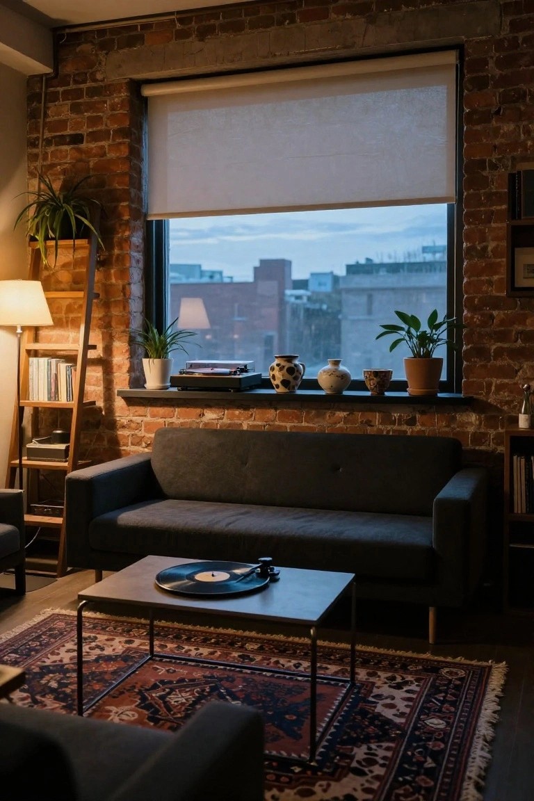 A gray fabric sofa in a living room with exposed brick walls, large window with roller shade and plants on the sill including a turntable, wooden ladder shelf with lamp, low metal coffee table holding a vinyl record, and patterned rug on wood floor.
