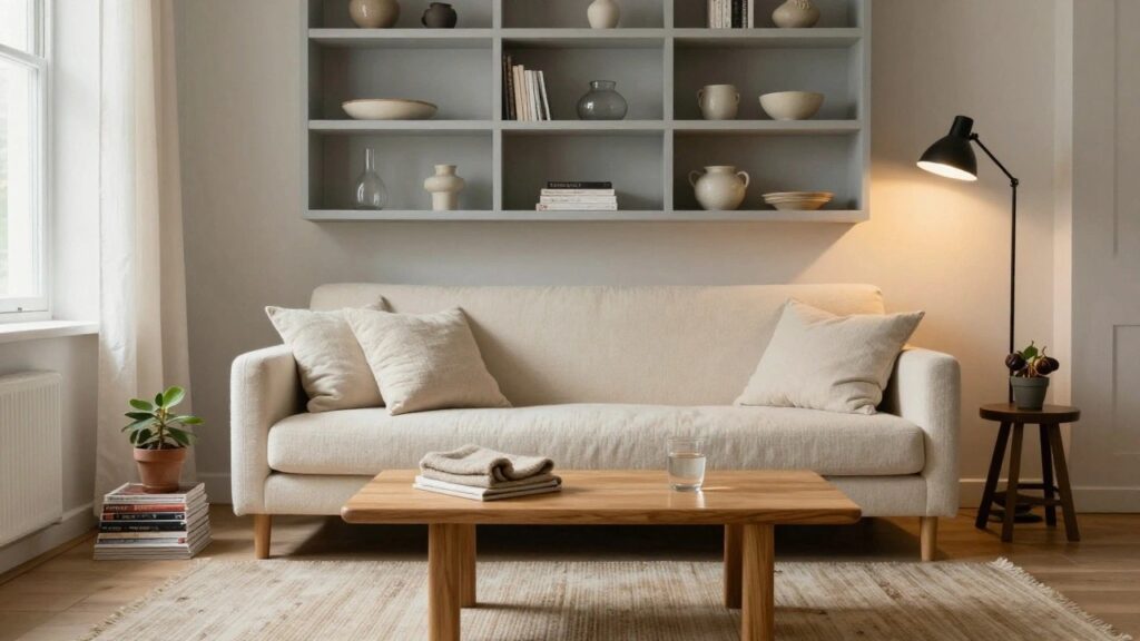 Cream linen sofa on seagrass rug in a neutral living room with gray open shelves displaying ceramic pots and vases, low oak coffee table holding linen throws and glass candle holder, desk lamp, and plants by window.