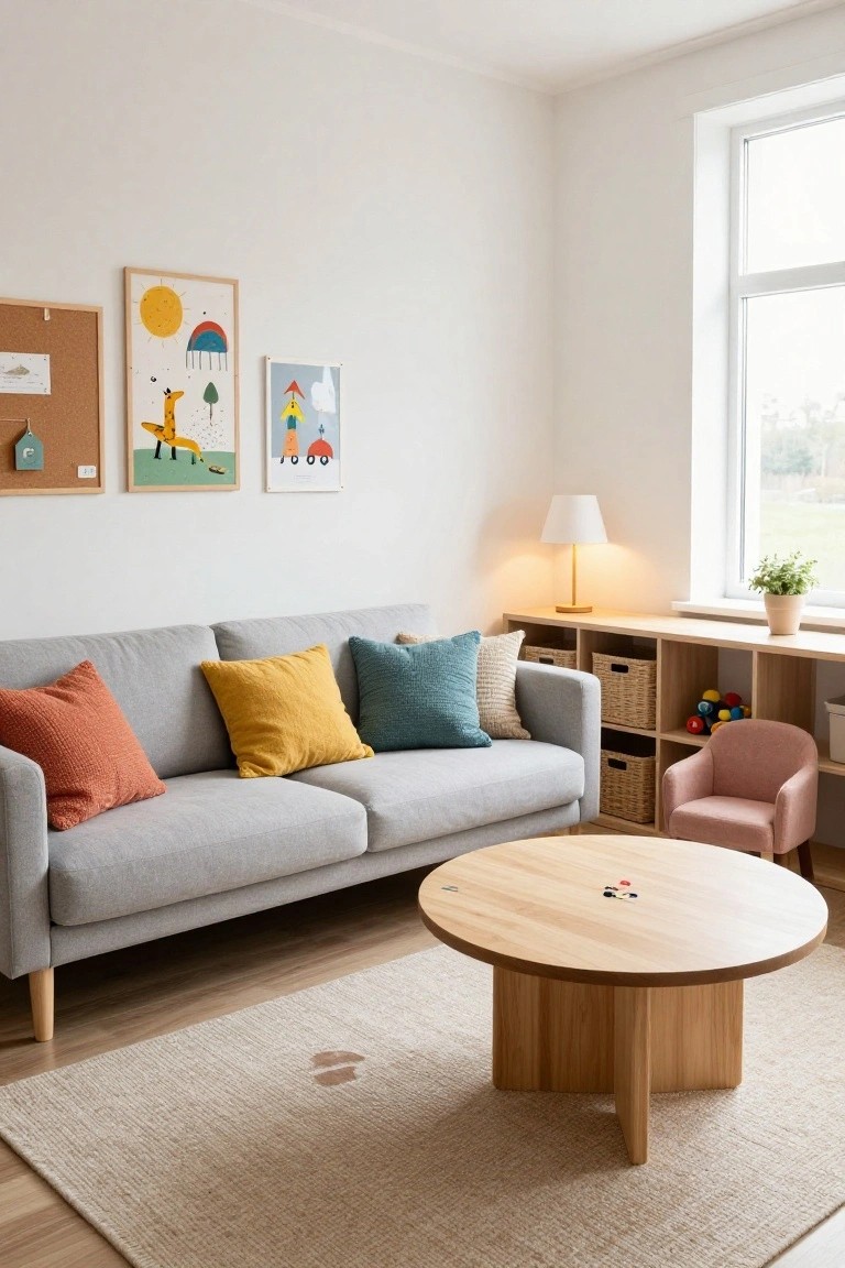 Light gray fabric sofa with orange, yellow, teal, and cream pillows in a white living room featuring wooden coffee table, pink kids chair, toy shelves, and colorful wall art near a window.