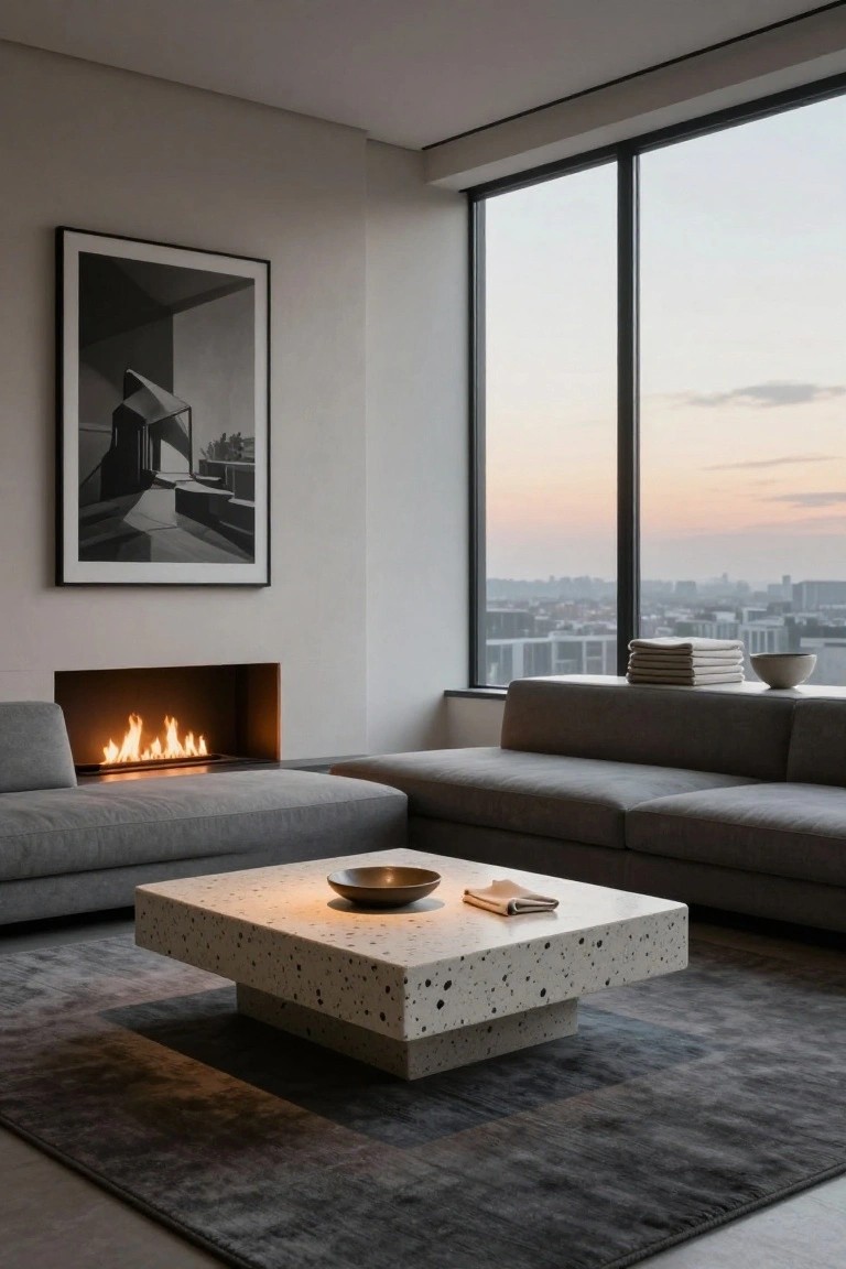 Modern minimalist living room featuring low gray L-shaped sofas around a white terrazzo coffee table, a linear gas fireplace, large floor-to-ceiling windows with city view at dusk, and neutral decor elements.
