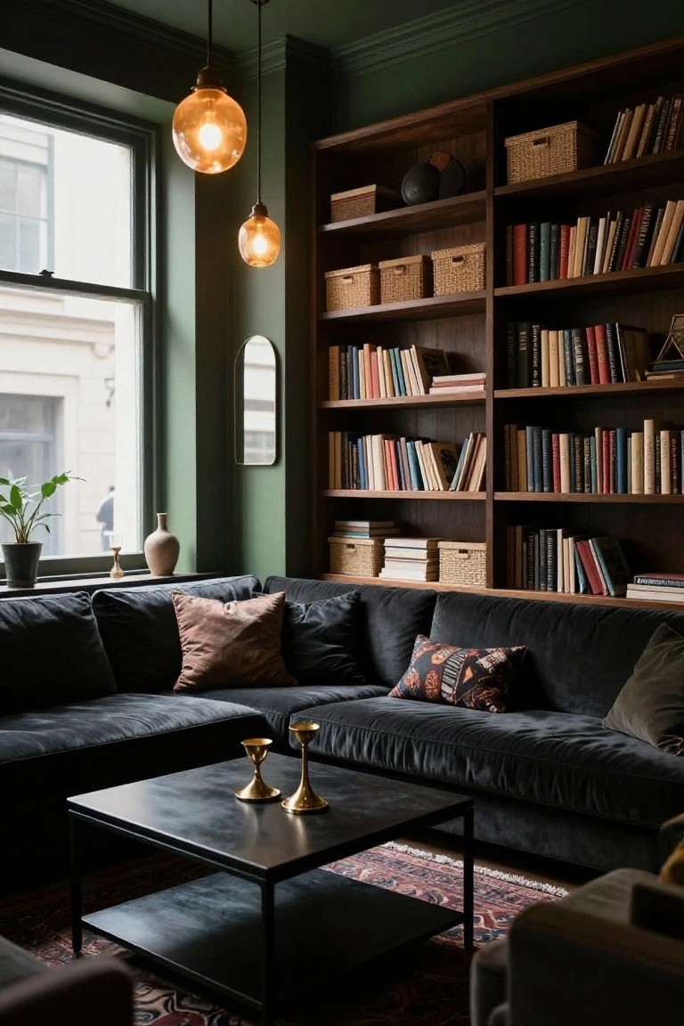 Cozy dark green living room with black velvet sectional, wooden bookshelves, and glowing pendant lights.