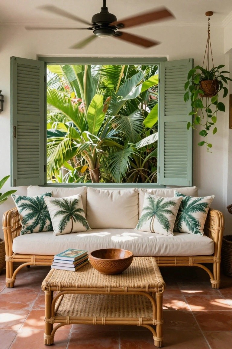 Rattan sofa with white cushions and green palm print pillows in a room with open green shutters to lush tropical plants, woven coffee table on terracotta tile floor, ceiling fan overhead.