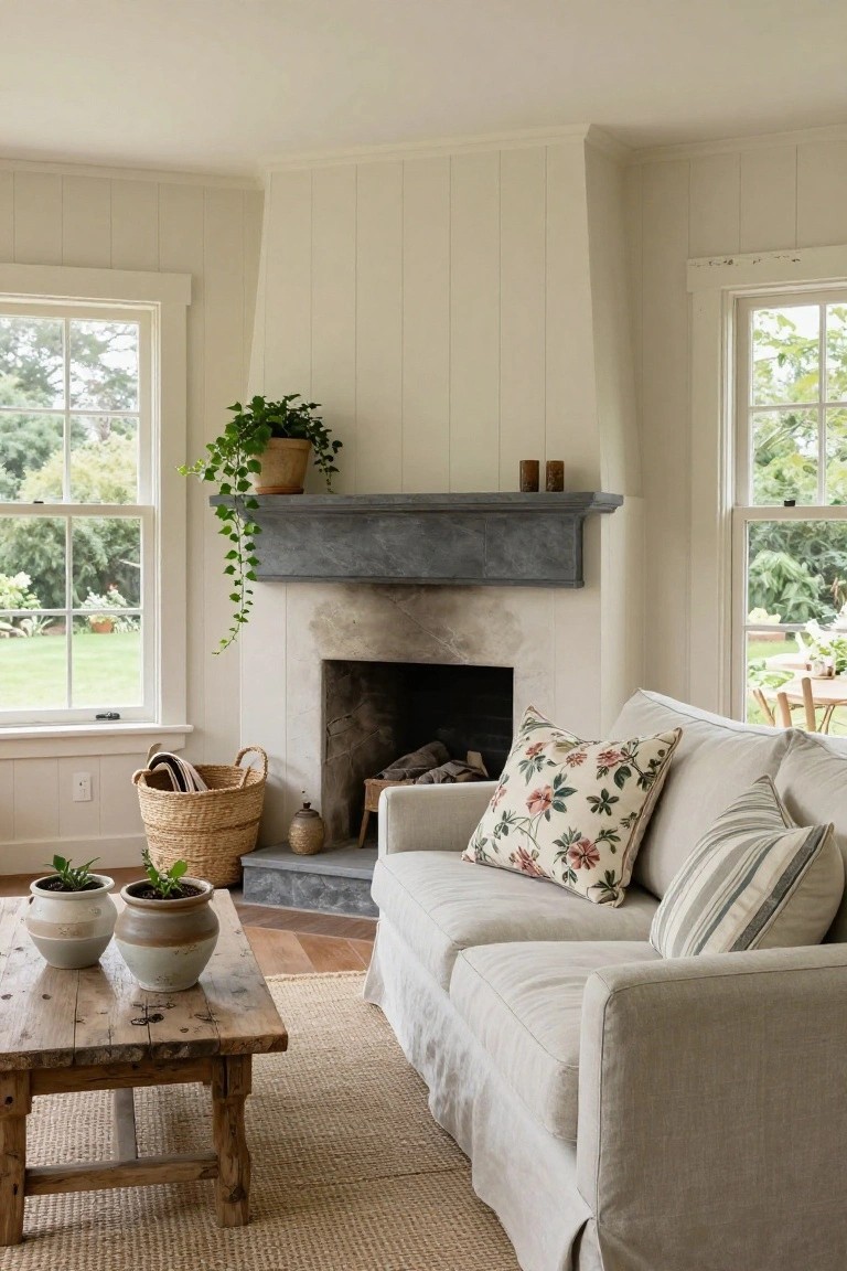 Light-colored slipcovered L-shaped sofa in a living room corner facing a stone fireplace, with wooden coffee table holding potted plants, seagrass rug, wicker basket, and large windows showing garden views.