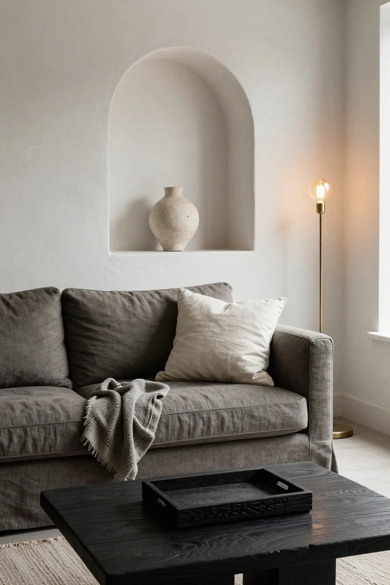 Gray slipcovered sofa with white pillow and gray throw on a white wall with arched niche containing terracotta vase, brass floor lamp nearby, black wooden coffee table holding black tray, and beige rug on light wood floor.