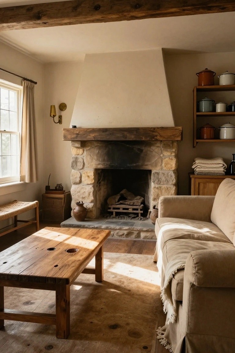 Cozy living room interior featuring a large stone fireplace with wooden mantel, beige slipcovered sofa, wooden coffee table, wooden shelves with enamel pots, and natural light from a window.