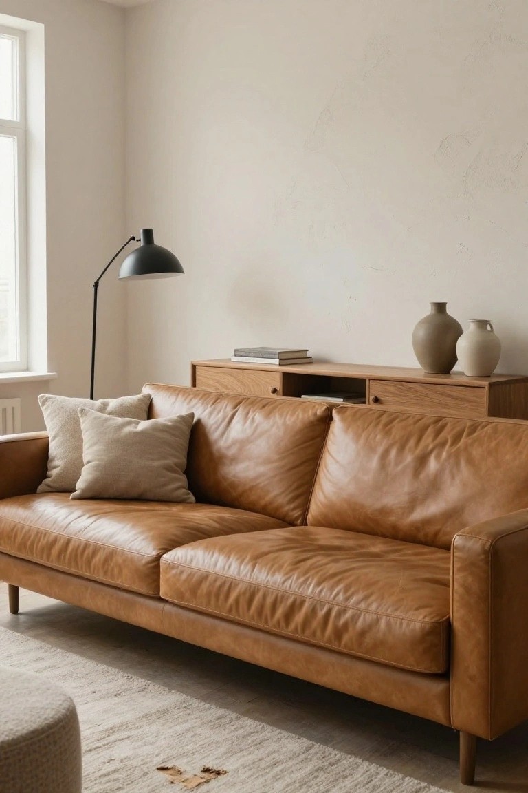 Brown leather sofa with beige pillows beside wooden console and black floor lamp.