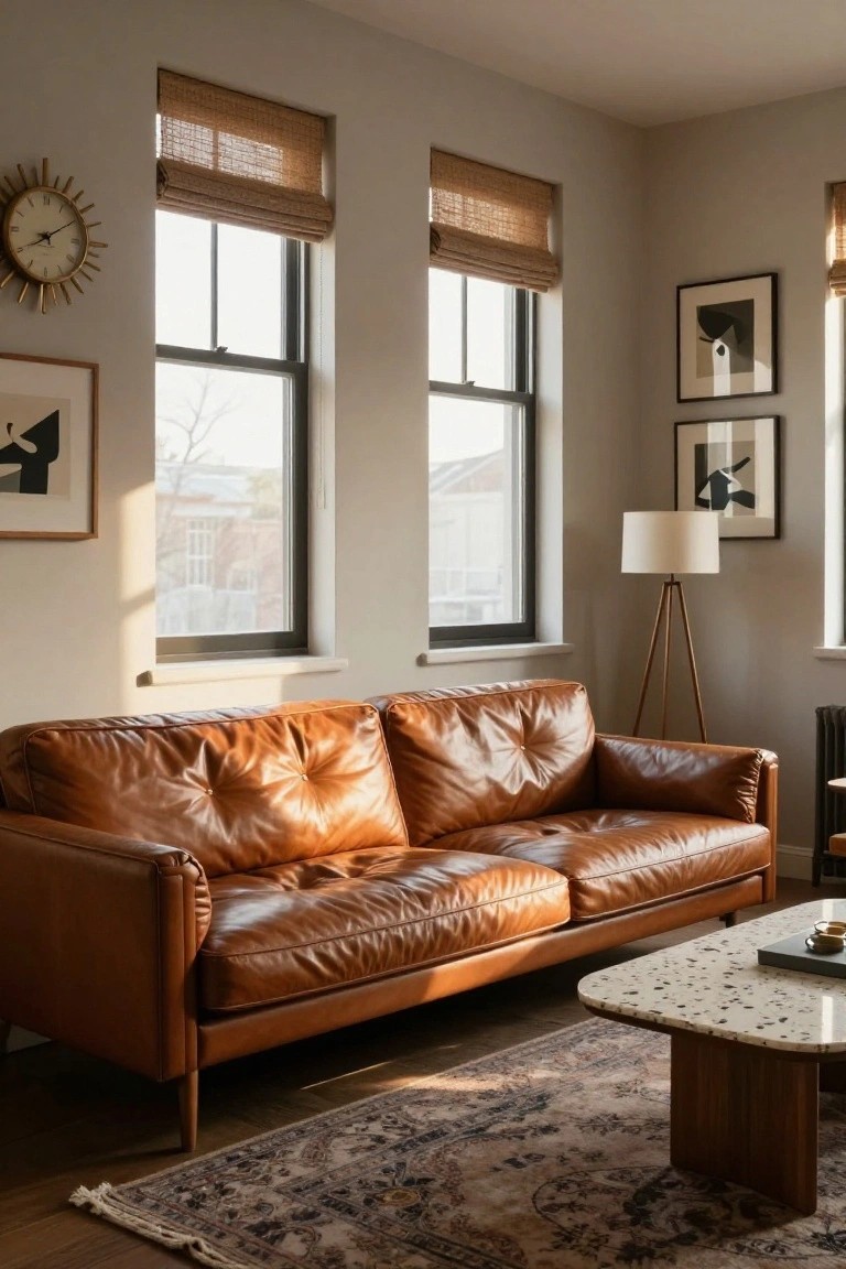 Sunlit living room with tan tufted leather sofa, large windows with bamboo blinds, neutral walls, abstract black-and-white framed art, white tripod floor lamp, terrazzo coffee table, and patterned rug on wood floors.