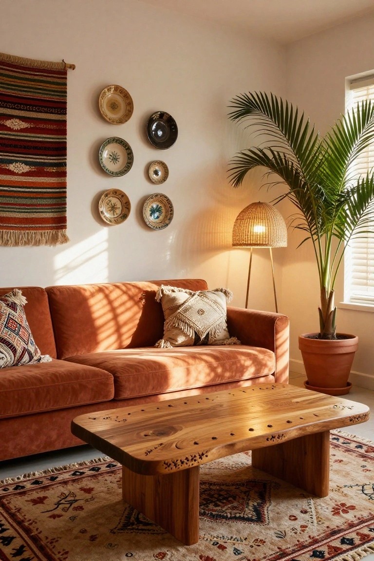 Sunlit living room with burnt orange velvet sofa, carved wooden coffee table, potted palm, rattan floor lamp, ceramic plates on wall, woven tapestry, and patterned rug.