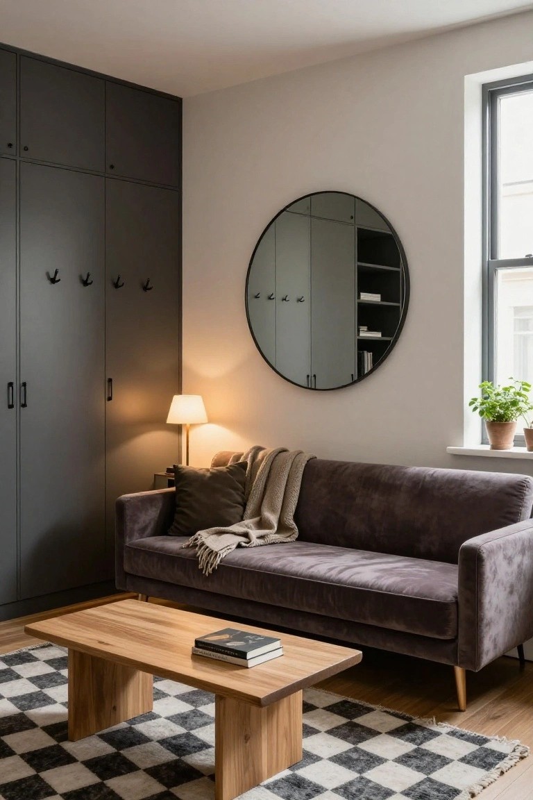 Compact indoor lounge with purple velvet sofa draped in a beige throw blanket and green pillow, low wooden coffee table holding two books on black-and-white checkered rug, black wardrobes with hooks and shelves, round black-framed mirror reflecting cabinets, table lamp, and potted plant by window.