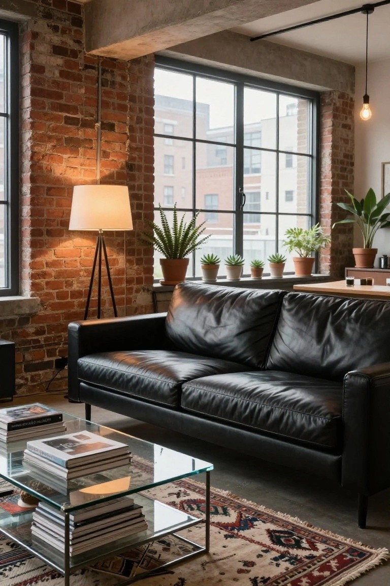 Black leather sofa in industrial loft room with exposed brick walls, large metal-framed windows, potted plants, tripod floor lamp, glass coffee table with stacked books, and patterned rug.