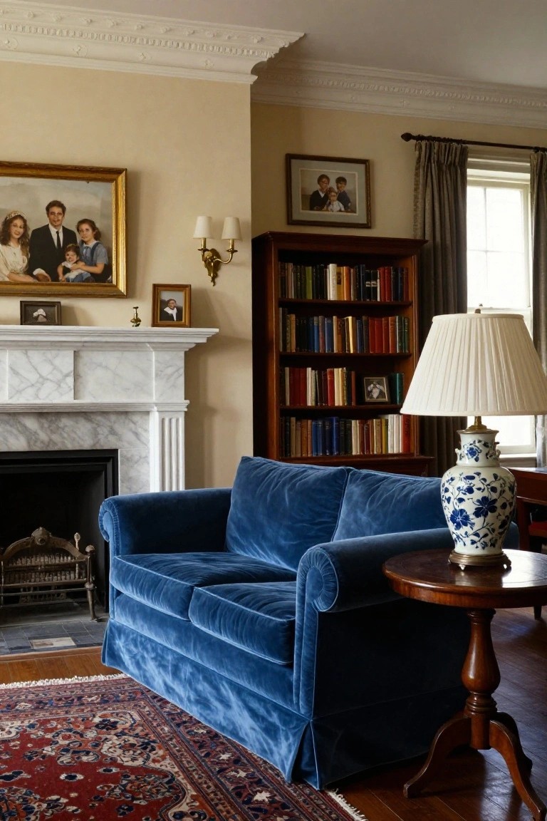 Blue velvet sofa positioned next to a white marble fireplace in a traditional living room with wooden bookshelves, family portraits, a lamp on a side table, and a patterned rug on hardwood floors.