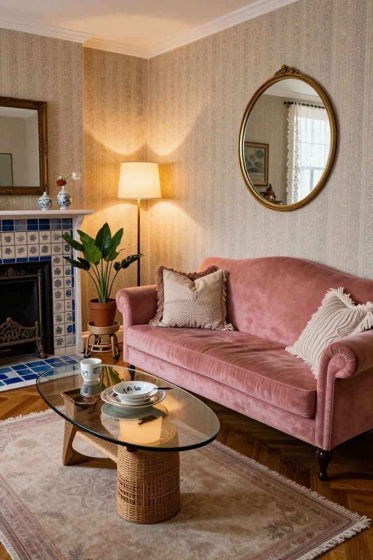 Blush pink velvet curved sofa positioned next to a blue tiled fireplace in a living room with striped wallpaper, potted plants, glass coffee table, and warm lamps.