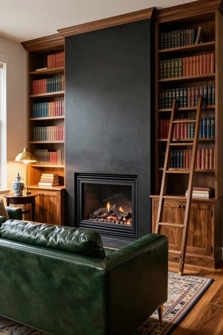 Wooden bookshelves flanking a tall black fireplace surround a green leather sofa in a cozy interior room with a rolling ladder on the right shelf, small table, lamp, and rug on wood floors.