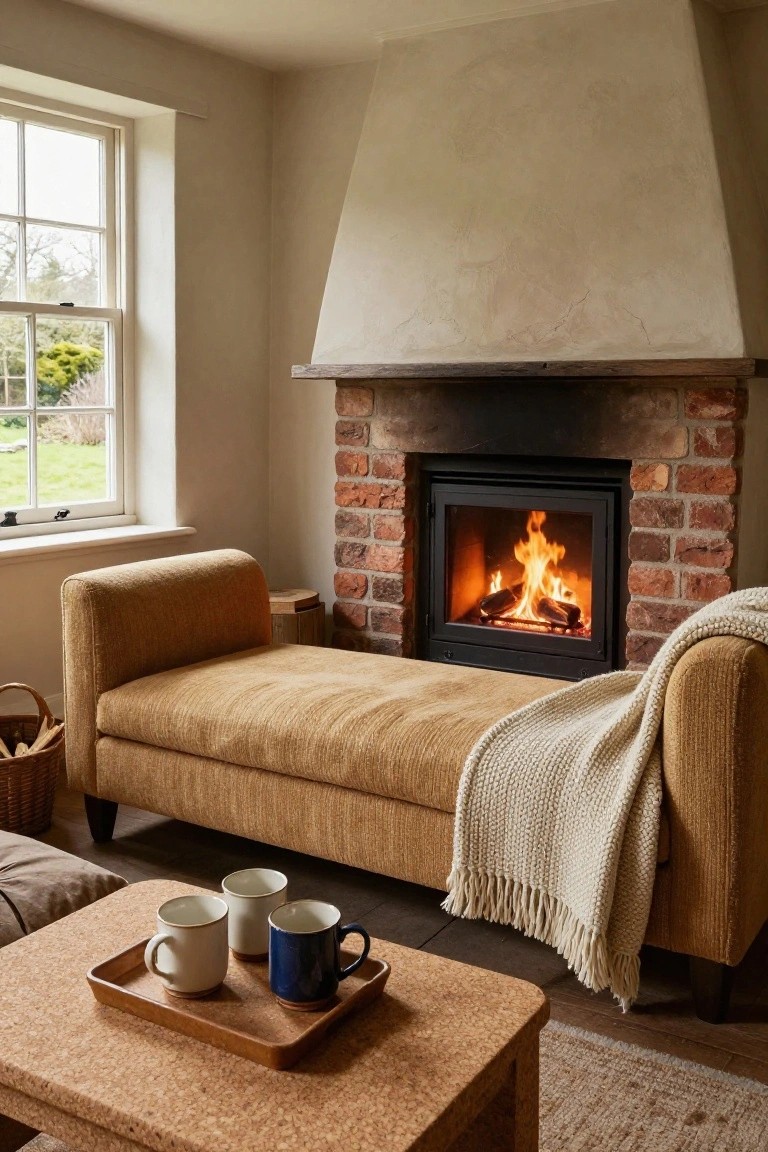 Interior room with a tan upholstered chaise lounge positioned next to a brick fireplace with a burning fire, a white knit throw draped over the chaise, a cork table holding a wooden tray with two mugs, and a window overlooking a garden.