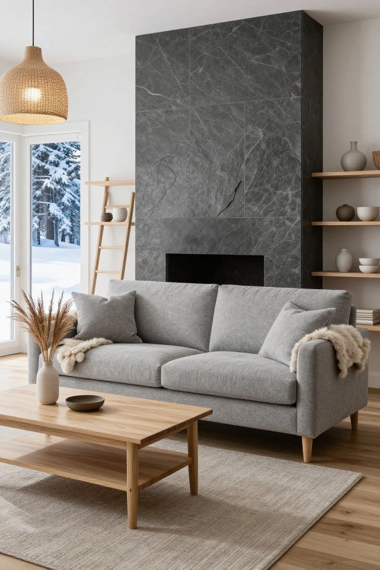 Light gray fabric sofa with pillows and fur throw positioned in front of a tall black marble fireplace in a modern living room with wooden ladder shelf, ceramic pots, wooden coffee table, and window to snowy trees.