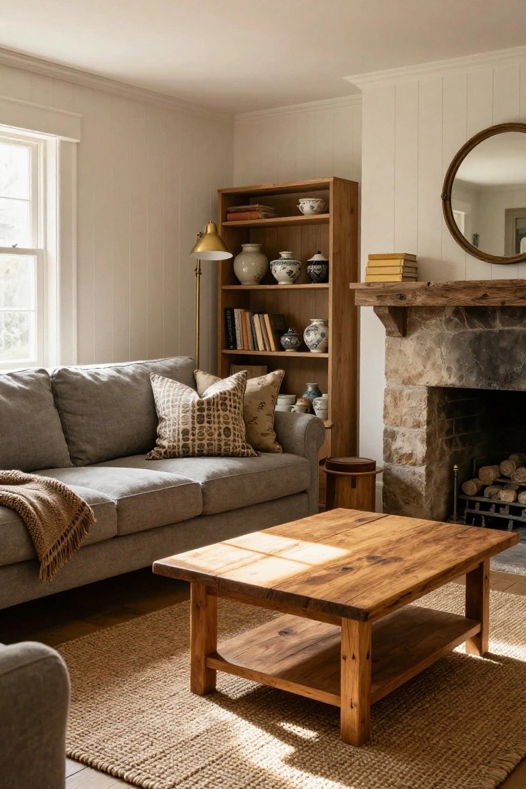 Gray sofa with assorted pillows and a knitted throw on a seagrass rug in front of a stone fireplace, wooden coffee table centered between them, bookshelves and lamp on light paneled walls with window light.