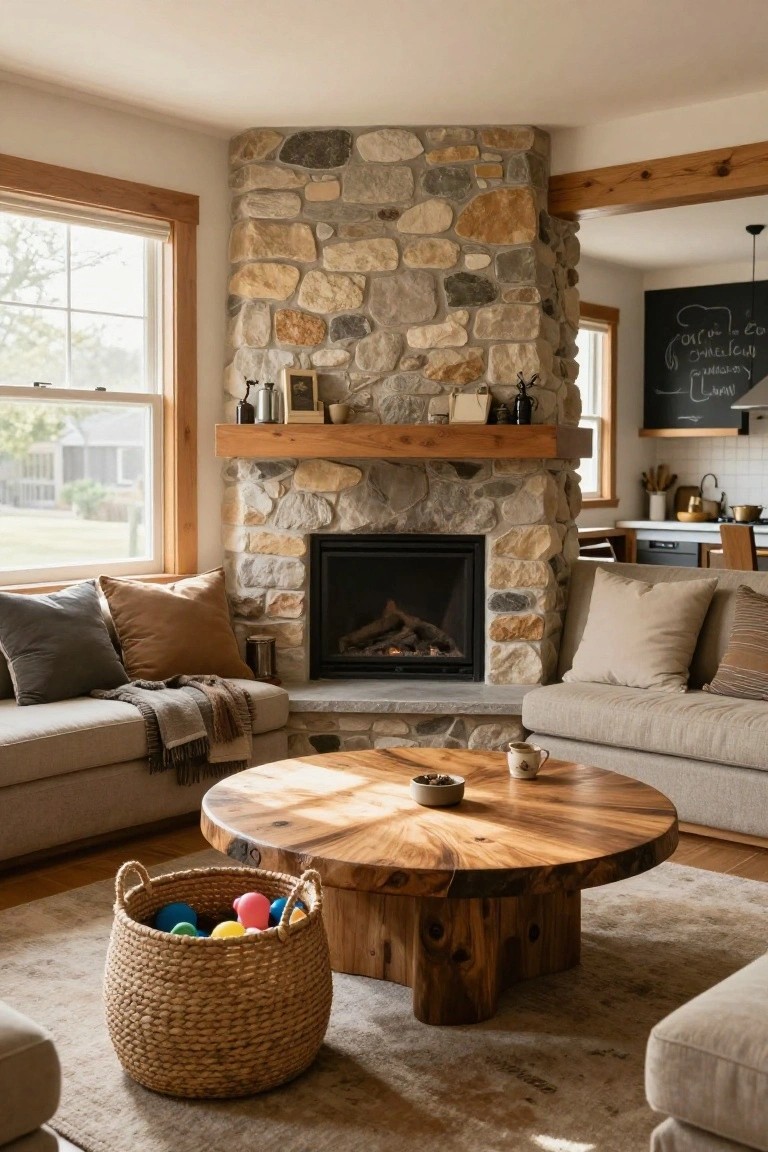 Living room corner with beige L-shaped sofas facing a gas stone fireplace, round wooden coffee table with cups and bowl, woven basket of colorful balls on beige rug, large windows and kitchen visible.