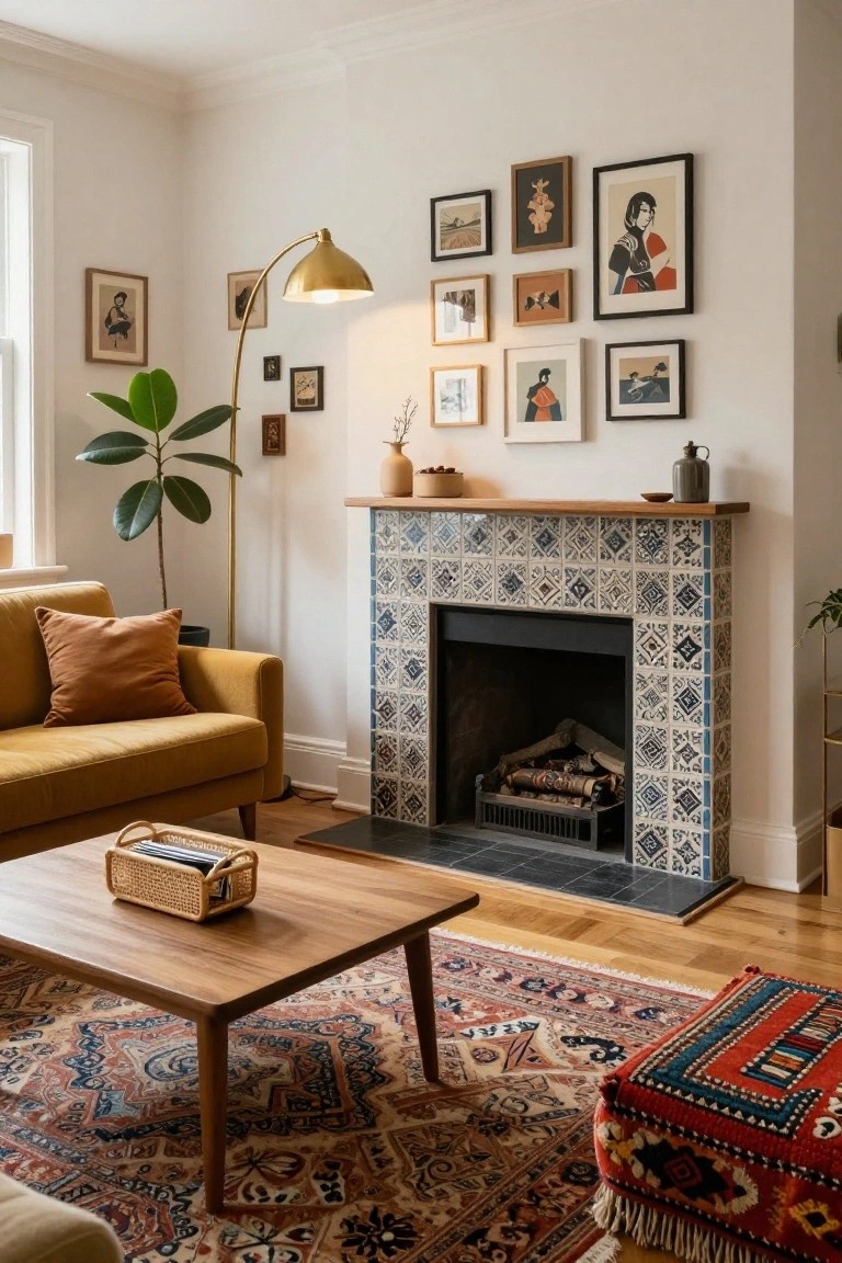 Living room featuring a mustard yellow sofa facing a fireplace with blue and white patterned tiles, wooden mantel, gallery wall of framed art above, ficus plant, arched floor lamp, wooden coffee table with basket, patterned rug, and red pouf.