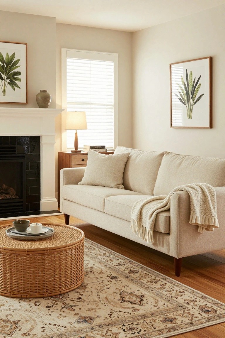 A cream sofa positioned facing a black-tiled fireplace in a light beige living room with plant artwork on walls, a table lamp, rattan coffee table, and woven rug on hardwood floors.