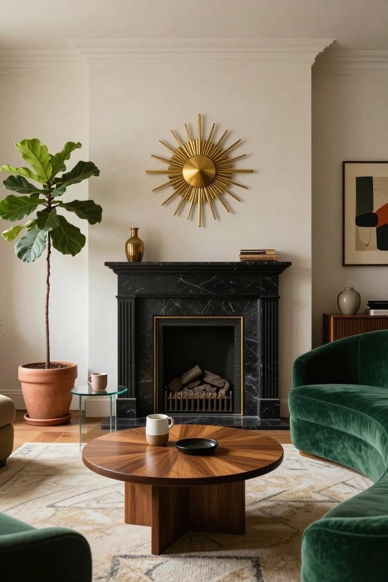Living room with curved emerald green velvet sofa near black marble fireplace, round wooden coffee table with cups, large potted fiddle leaf fig plant, gold sunburst mirror on wall, and abstract artwork.