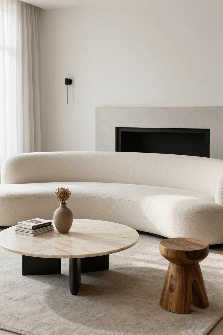 Modern living room with curved white bouclé sofa in front of a built-in fireplace, round marble-top coffee table with books and vase, wooden stool, beige rug, and sheer curtains on large windows.