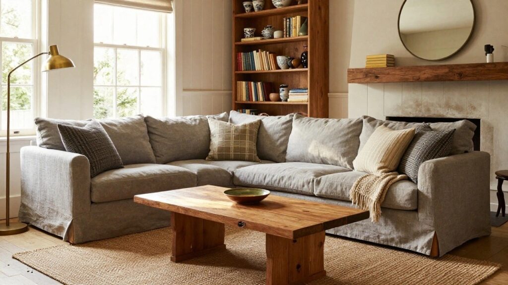 Gray sofa with assorted pillows and a knitted throw on a seagrass rug in front of a stone fireplace, wooden coffee table centered between them, bookshelves and lamp on light paneled walls with window light.