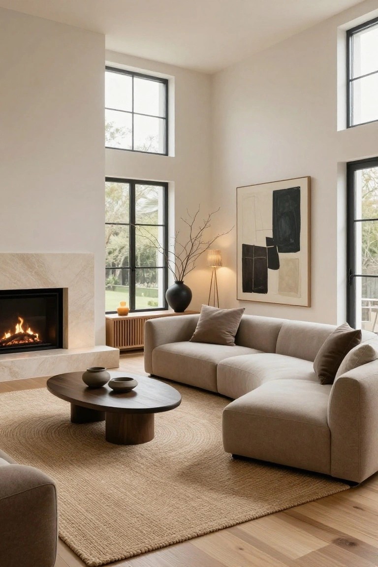 Beige L-shaped sectional sofa positioned in front of a marble-surround gas fireplace in a light-walled living room with large black-framed windows, wooden coffee table, seagrass rug, and abstract artwork.