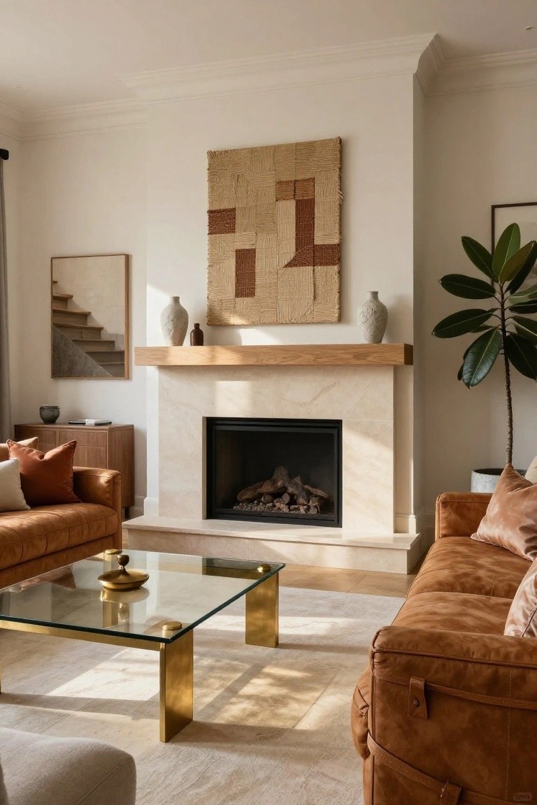 A living room with two tan leather sofas positioned near a beige stone fireplace, a wood mantel holding vases and a bottle, a glass-topped brass coffee table, neutral walls, woven art above the fireplace, and a potted plant nearby.