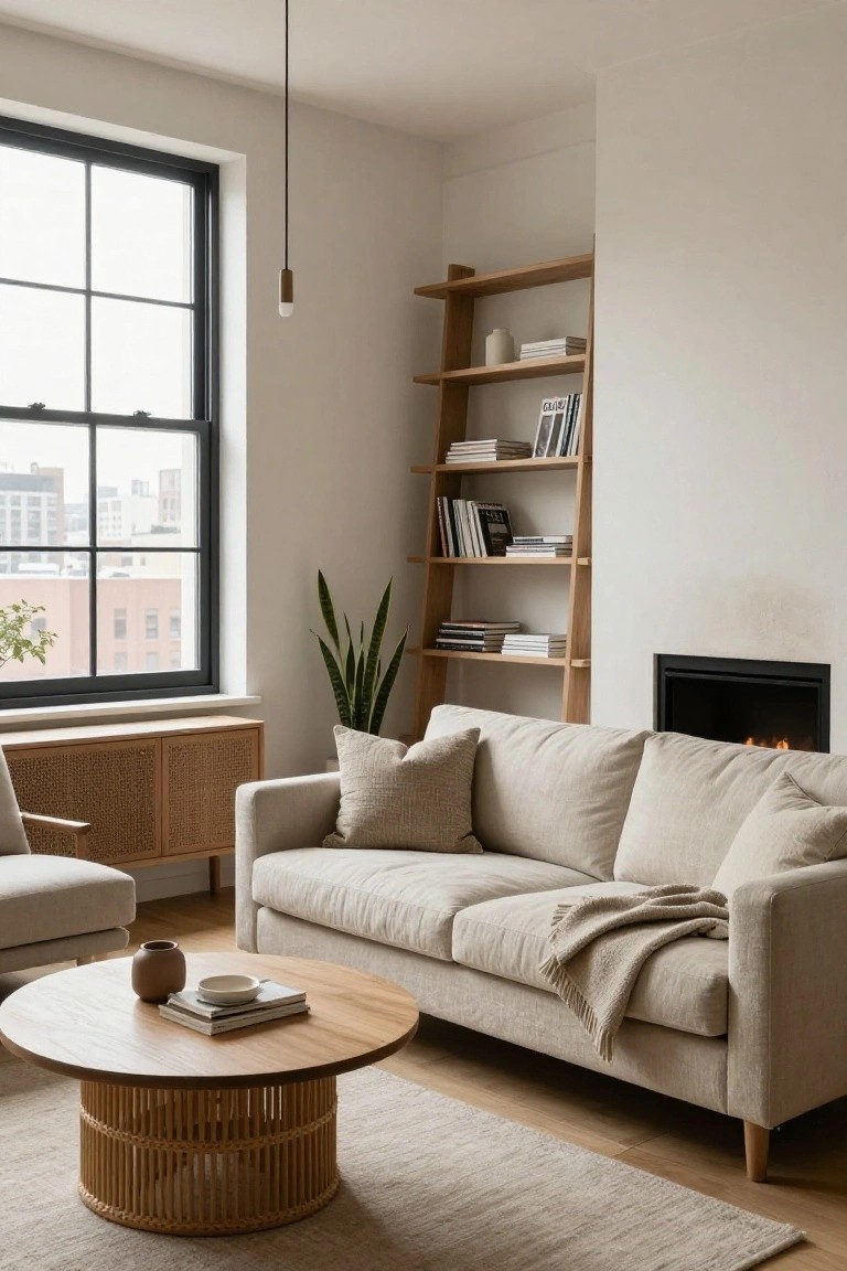 Light beige linen sofa with pillows and a cream throw blanket positioned next to a slim black fireplace in a minimalist living room with wooden shelving, credenza, round coffee table, and large window.