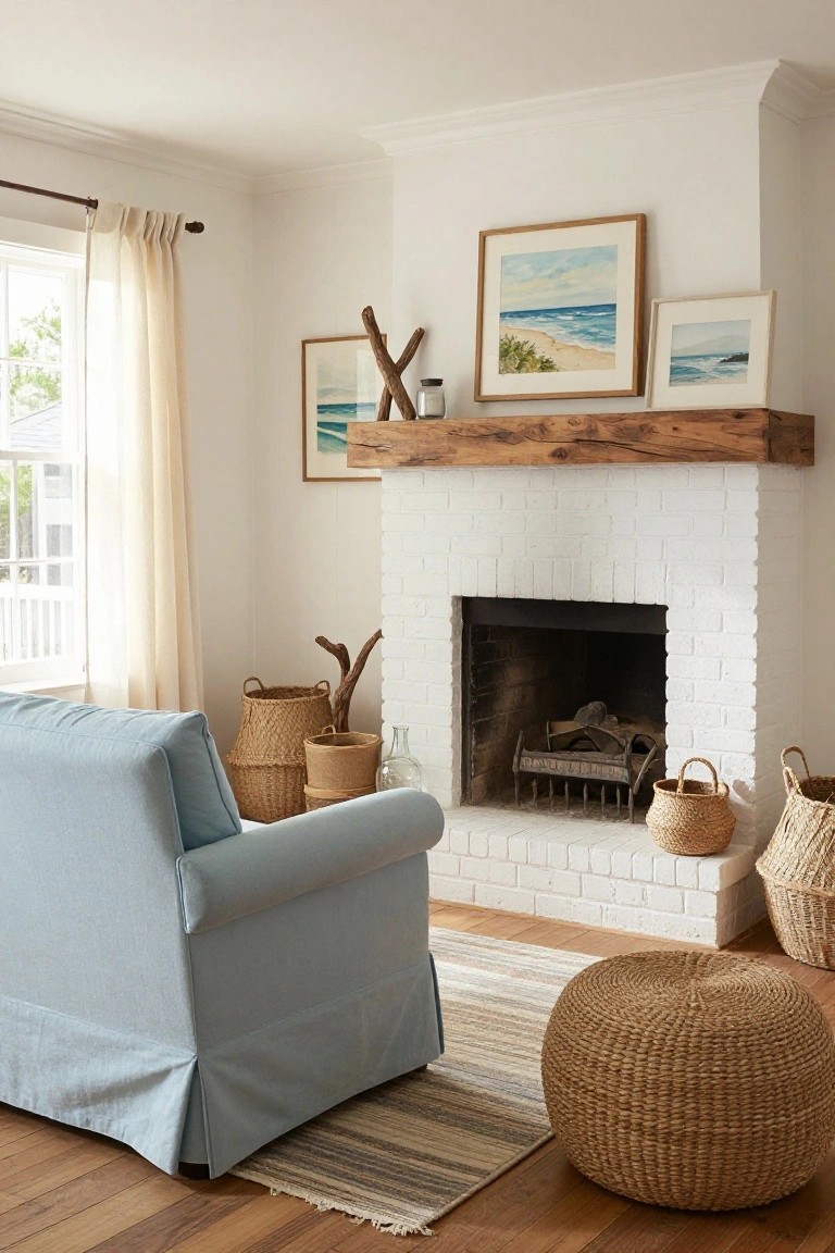 Light blue slipcovered sofa positioned in front of a white brick fireplace in a living room with wicker baskets, driftwood mantel, coastal paintings, sheer window curtains, and hardwood floors.