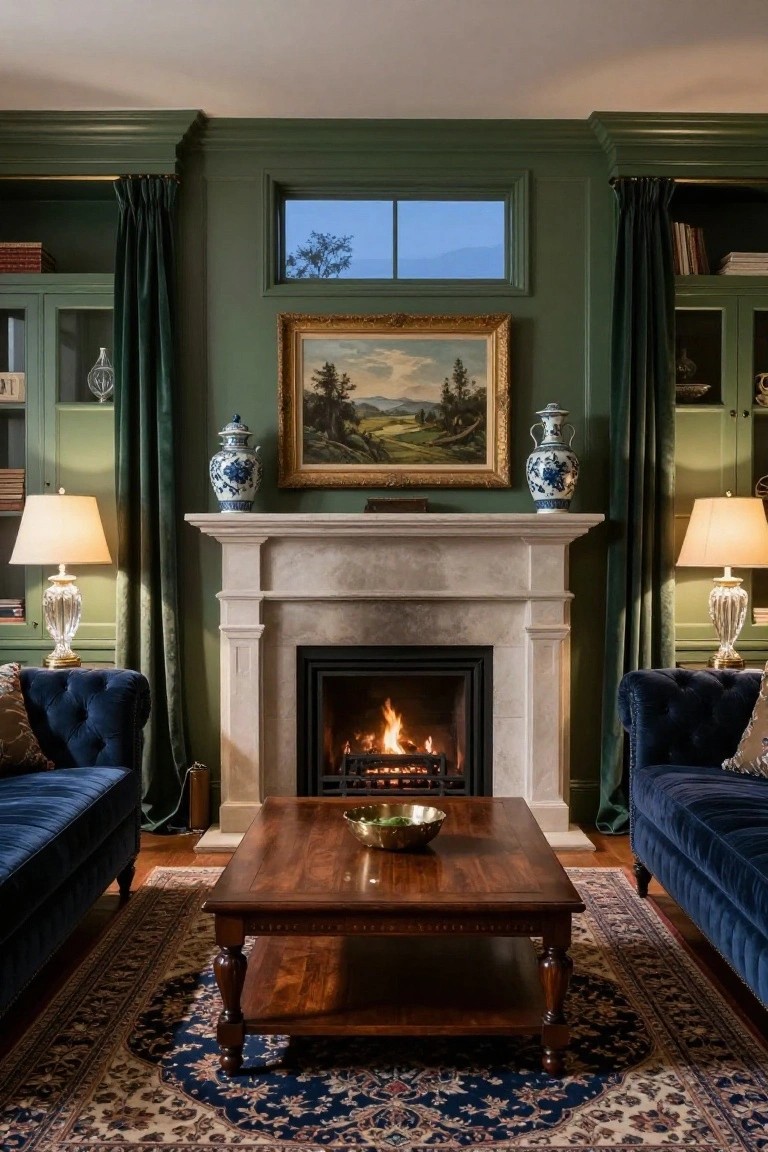 Green paneled living room with two blue velvet sofas facing a lit marble fireplace, wooden coffee table between them, flanked by bookshelves and lamps.