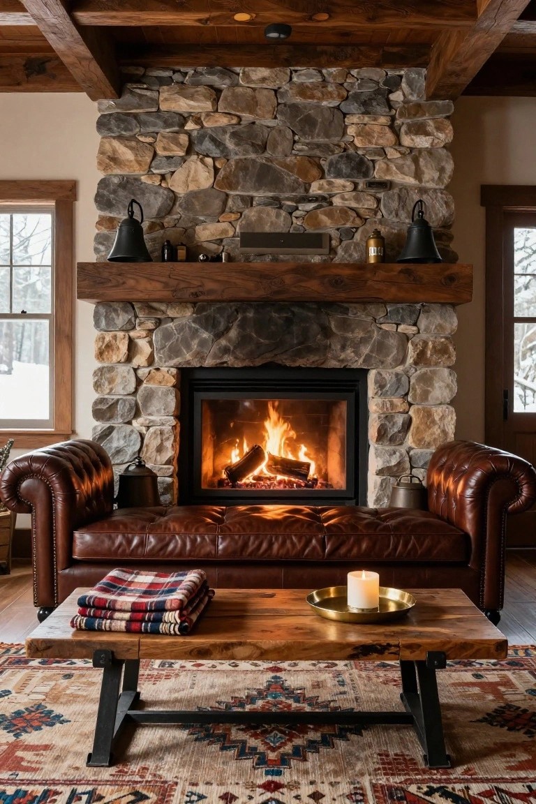 Tufted brown leather sofa facing a stone fireplace with burning logs, wooden coffee table holding plaid blankets and brass candle dish, in a room with wooden beams and snowy views through windows.