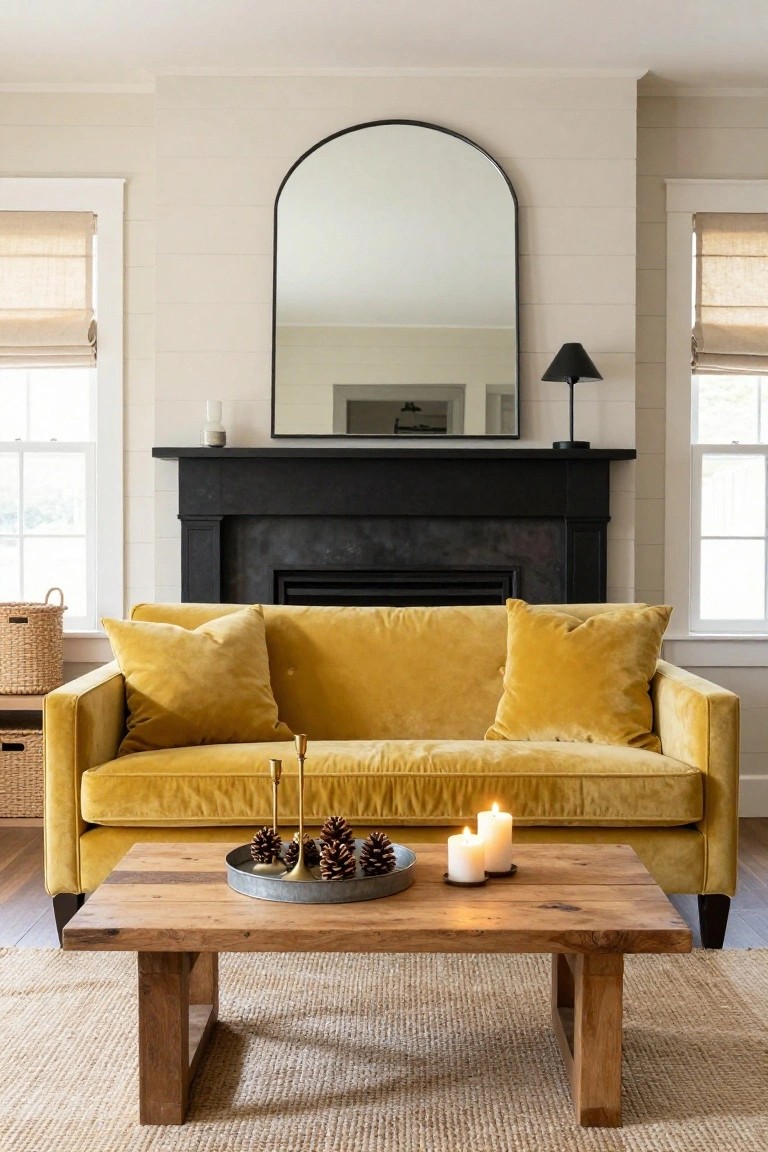 A yellow velvet sofa positioned in front of a black fireplace mantel in a light beige room, with an arched black mirror above the mantel, wooden coffee table with candles and pinecones, beige window shades, and woven baskets nearby.