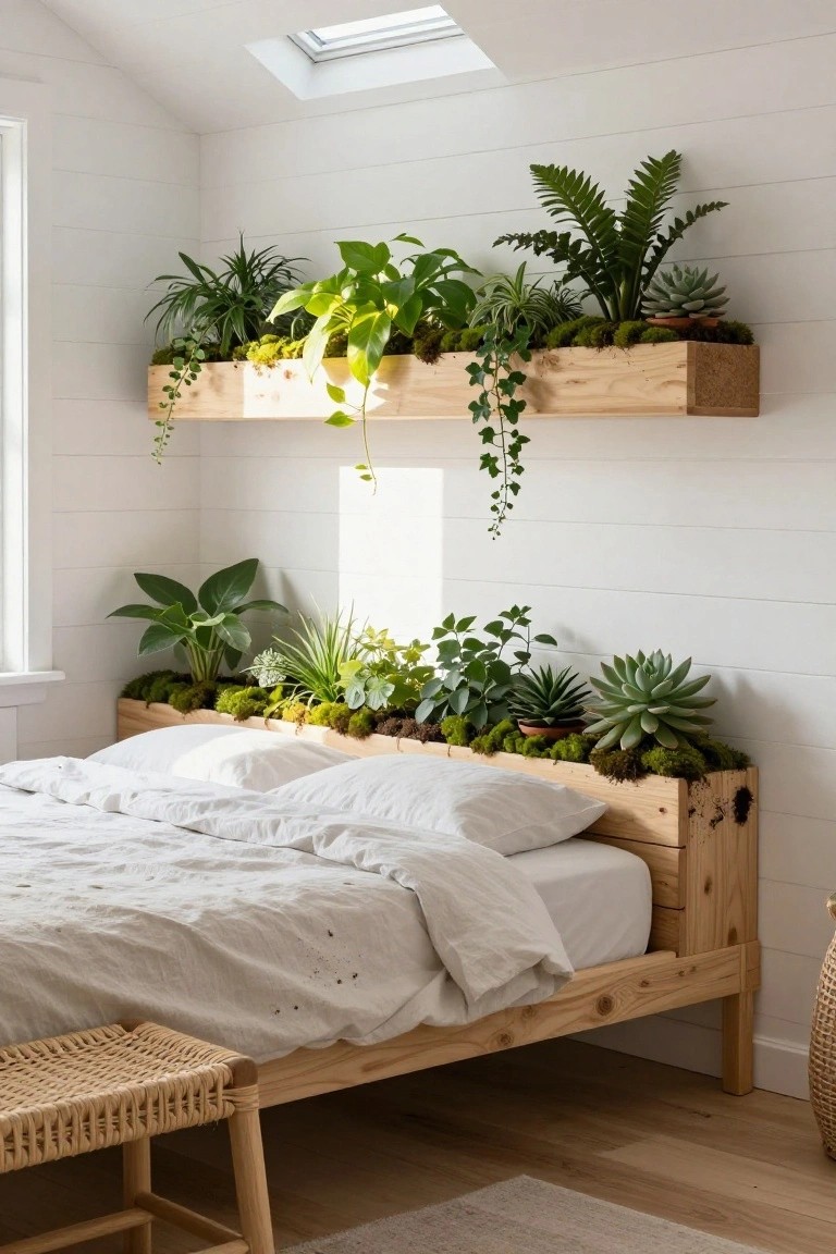 A bedroom with a wooden bed frame featuring integrated rectangular planters along the headboard and mounted higher on the wall, filled with moss, succulents, ferns, and trailing plants against white shiplap walls under a skylight.