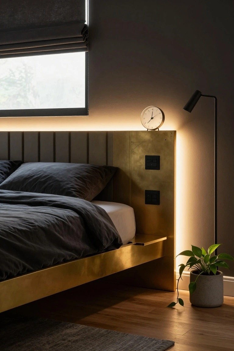 Bedroom interior with brass-framed platform bed, tall tufted headboard featuring integrated LED lighting strip and black power outlets, dark gray bedding, white analog clock on headboard, black floor lamp, potted trailing plant in white pot, and gray rug on wood floor.