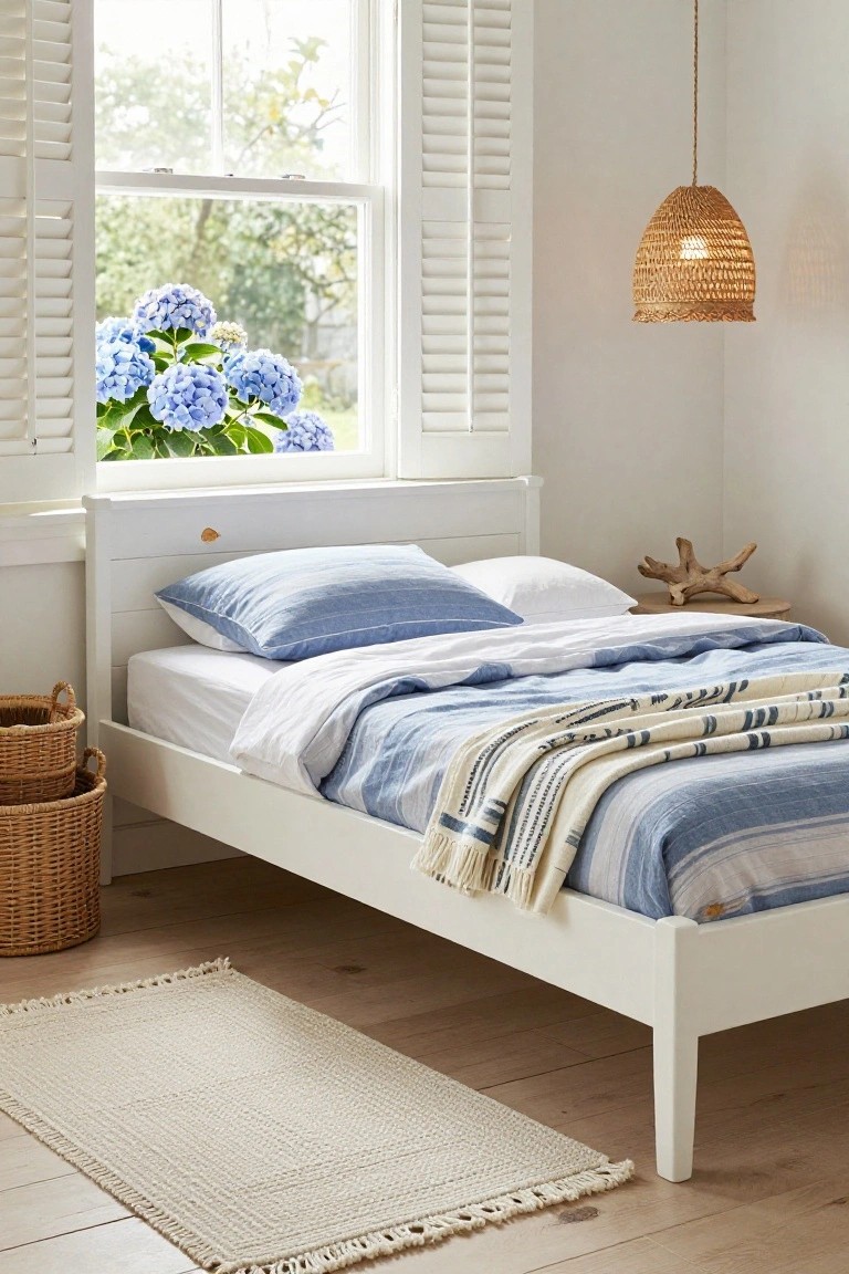 White wooden platform bed frame with blue striped bedding and pillows in a bright bedroom corner, next to a window with blue hydrangeas outside, rattan baskets on the floor, and a woven pendant light overhead.