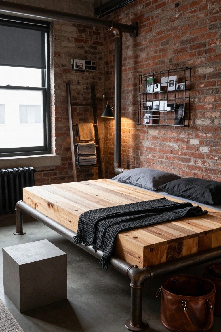 Bedroom interior with a low wooden platform bed on black iron pipe legs, exposed brick walls, gray pillows, black throw blanket, ladder, and metal shelving.