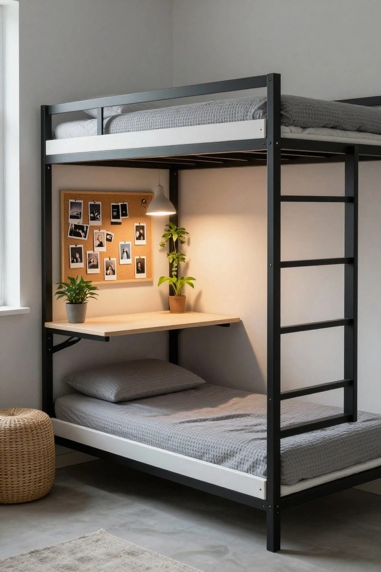 Black metal bunk bed with lower single bed made up in gray linens, integrated wooden desk shelf below holding plants and corkboard, upper empty bunk, lamp, and woven pouf stool in a minimalist white room.