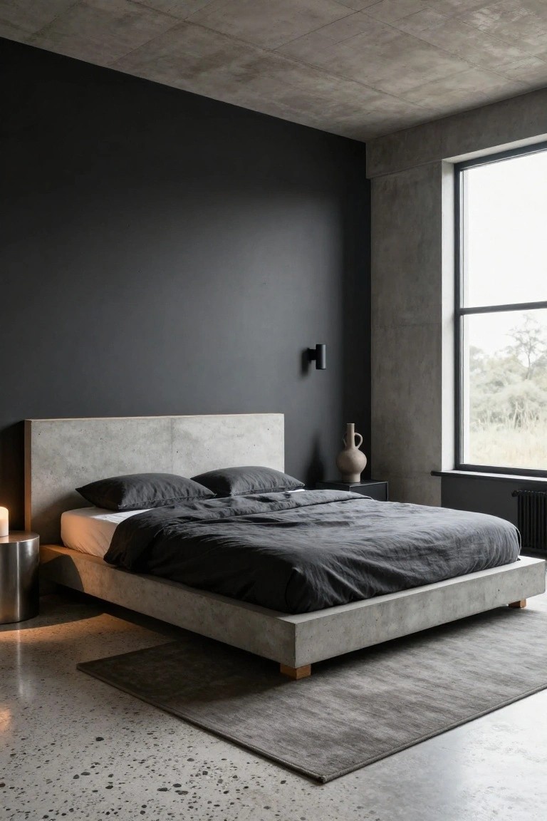 Modern bedroom interior featuring a low gray concrete-textured platform bed with black linens, bedside metal table with candle, tall beige vase, black accent wall, concrete ceiling and floor, and large window overlooking landscape.