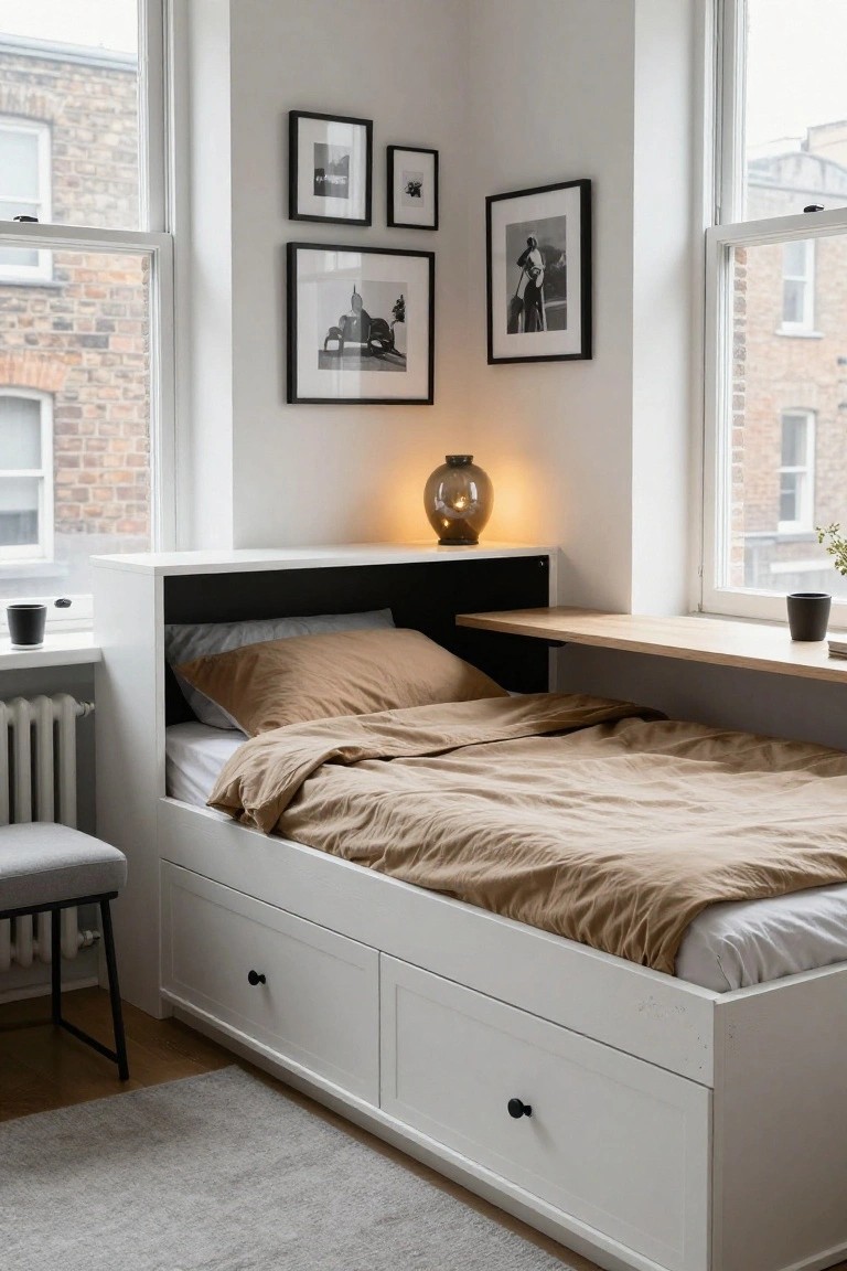 White wooden bed frame in a bright corner room under two large windows, with beige bedding, under-bed drawers, a headboard shelf holding a vase, an extended desk shelf, and a nearby stool.