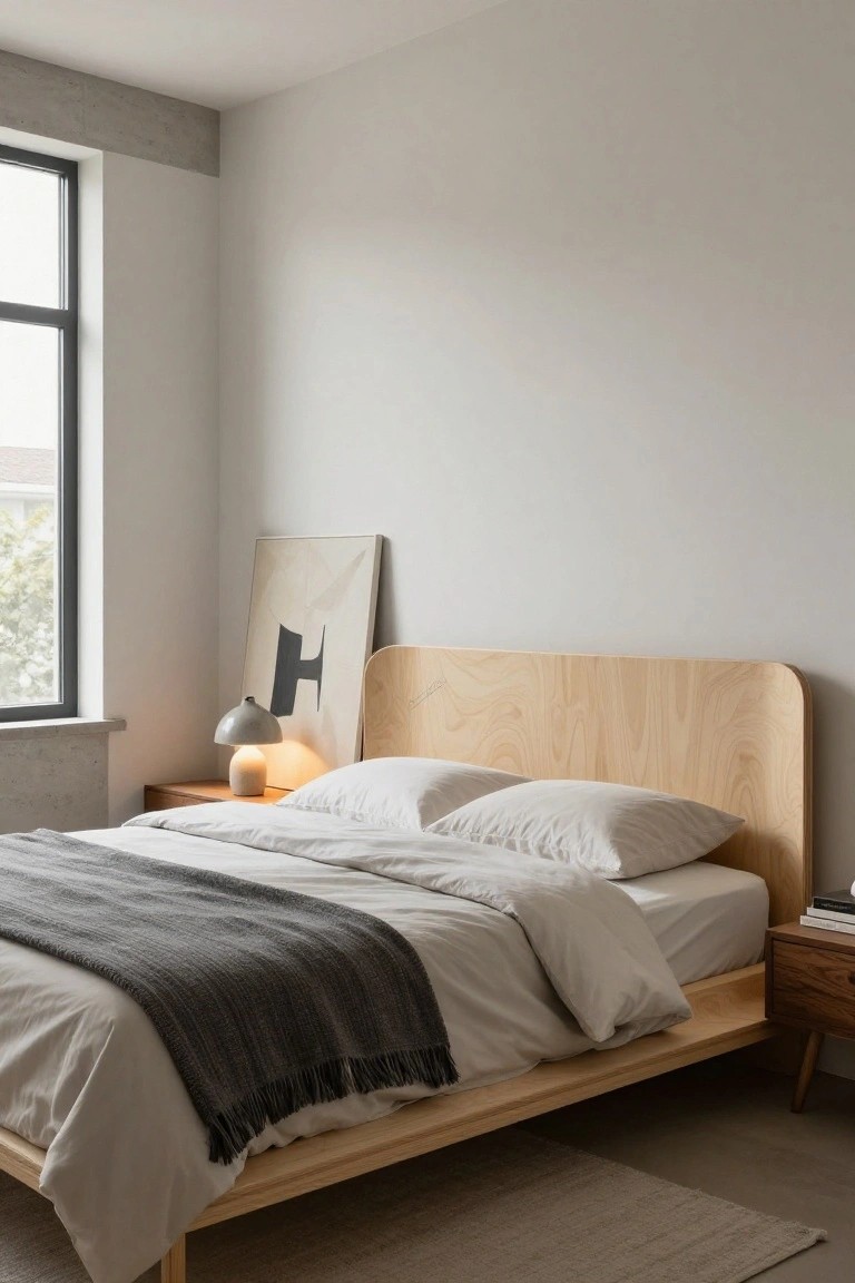 A bedroom with a low bed frame made of curved birch plywood, white sheets and pillows, gray throw blanket, wooden nightstand with ceramic lamp, and abstract wall art beside a large window.