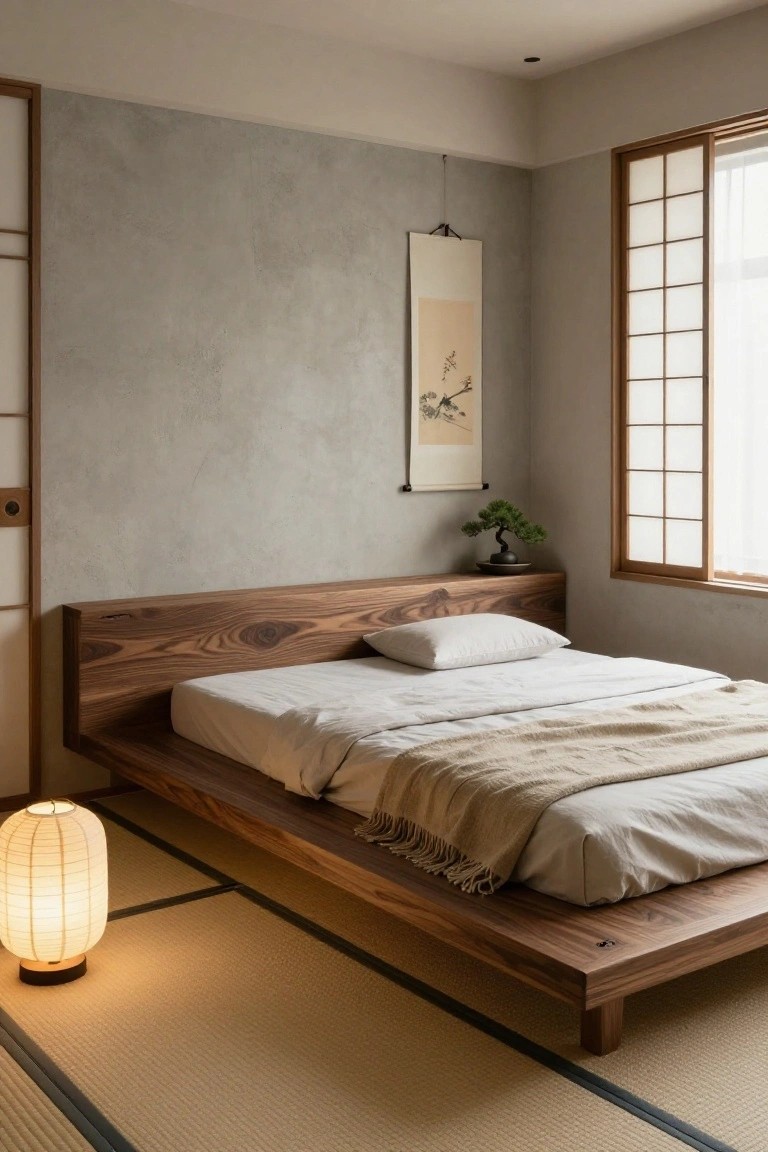 A minimalist bedroom with a low-profile walnut wood platform bed on tatami mats, a paper lantern lamp, bonsai plant on a shelf, hanging scroll painting, and shoji screen window.