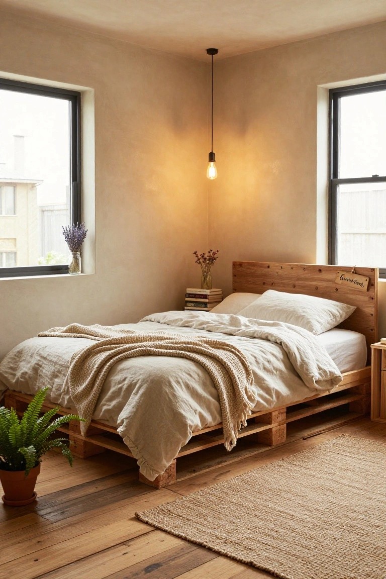 Corner bedroom with low wooden pallet bed frame, white linen bedding draped with knit throw, wooden headboard, potted plants, books on nightstand, pendant light, and windows on two walls.