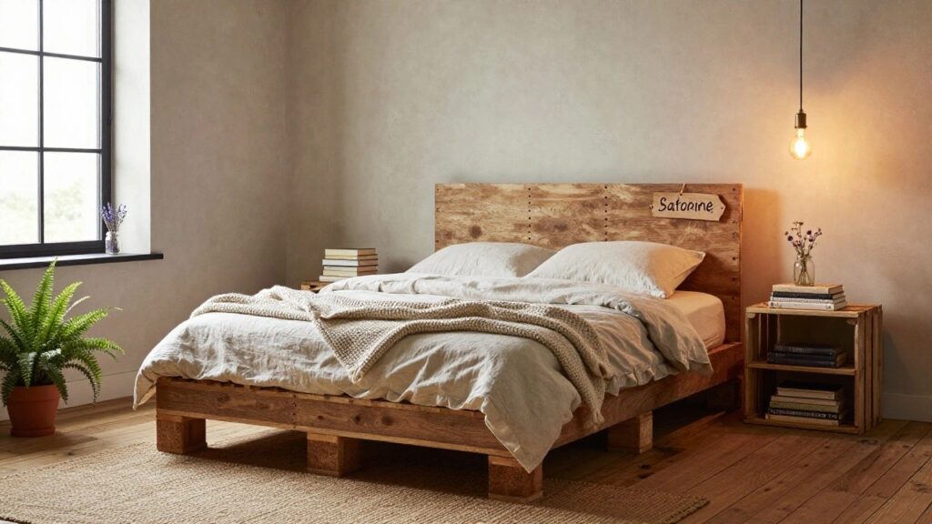 Corner bedroom with low wooden pallet bed frame, white linen bedding draped with knit throw, wooden headboard, potted plants, books on nightstand, pendant light, and windows on two walls.