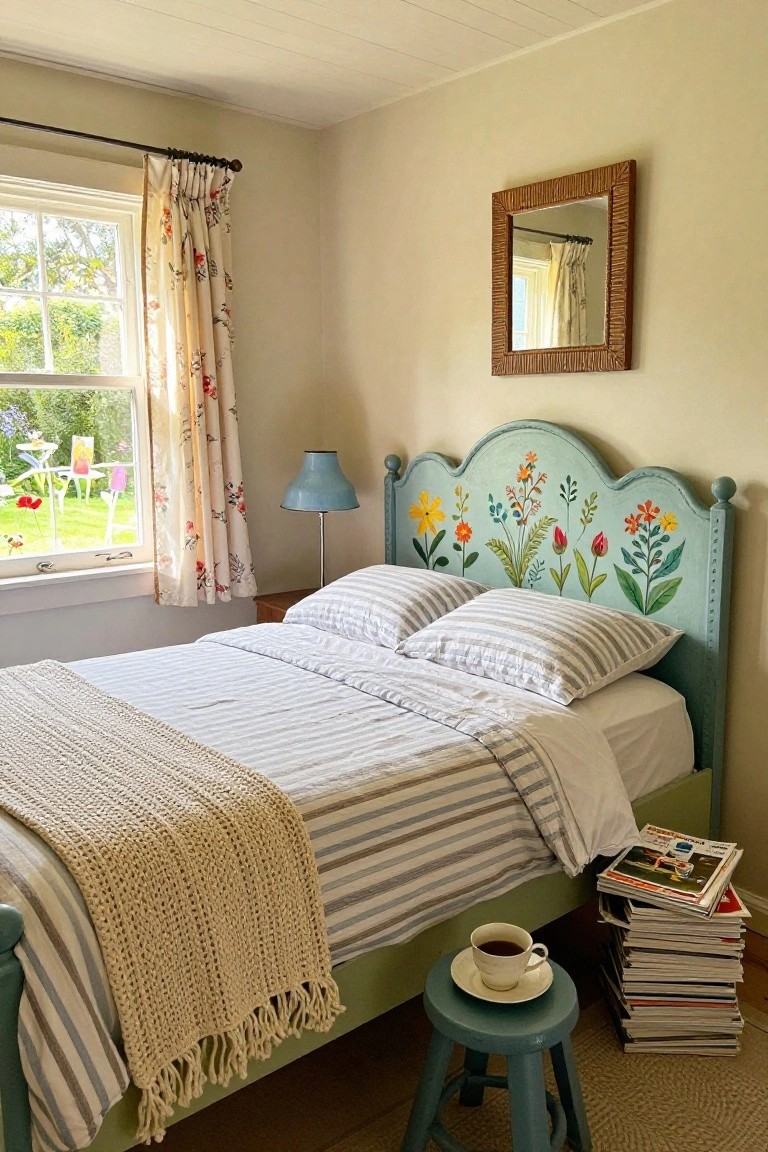 Bedroom interior featuring a turquoise wooden headboard hand-painted with colorful flowers and leaves in an arched design, striped bedding with pillows and a knit throw, a side stool holding a teacup and stacked magazines, a blue lamp, and a window with floral curtains overlooking a garden.