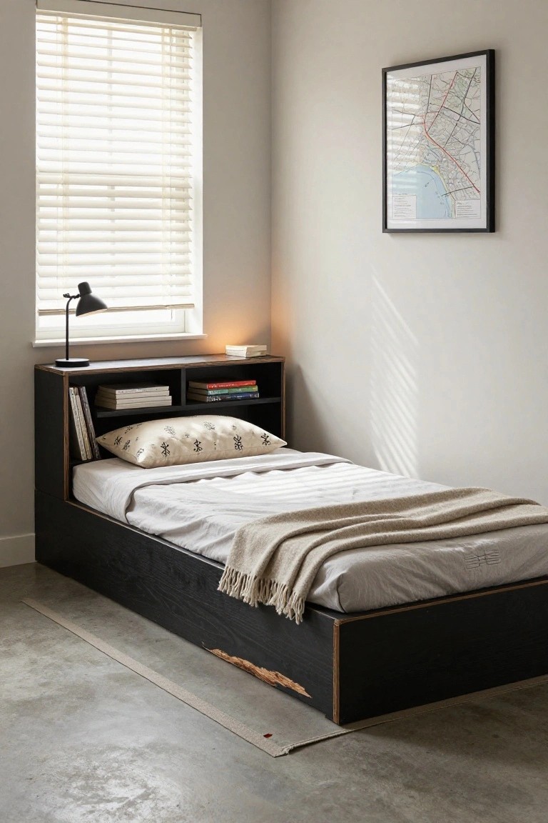 Black wooden platform bed frame with integrated open bookshelves in the headboard, white bedding, desk lamp, and window blinds in a light gray room with concrete floor.