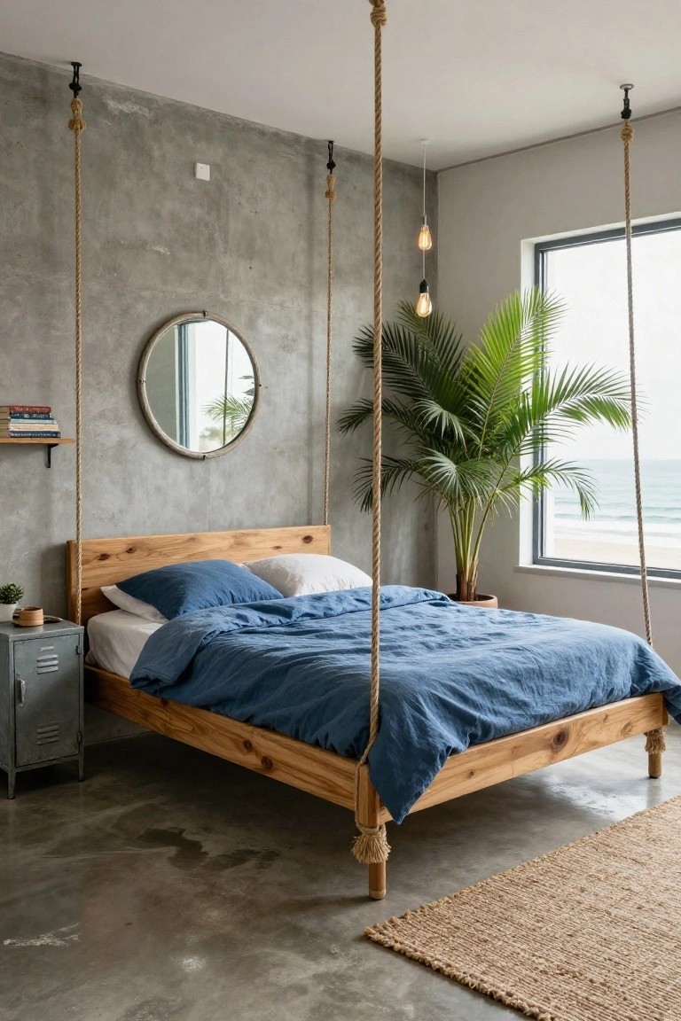 Bedroom with a wooden bed frame suspended from ceiling by thick ropes, blue linen bedding, metal side table, potted palm plant, round mirror on concrete wall, and window showing ocean view.