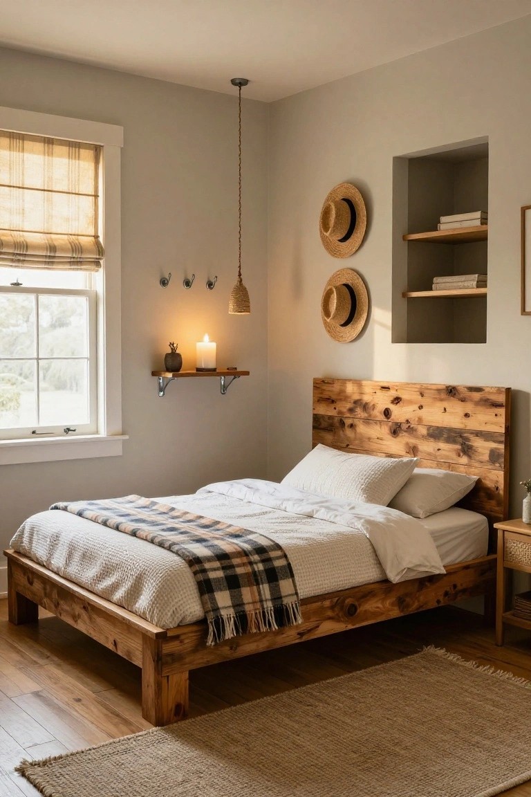Bedroom interior featuring a low wooden bed frame with rough-sawn planks, white textured bedding topped with a plaid throw, beige walls, a window with striped roman shades, wall shelf with candle, alcove shelves with straw hats, and wooden side table.